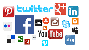 shows many logos of popular social media apps, such as facebook and twitter. 