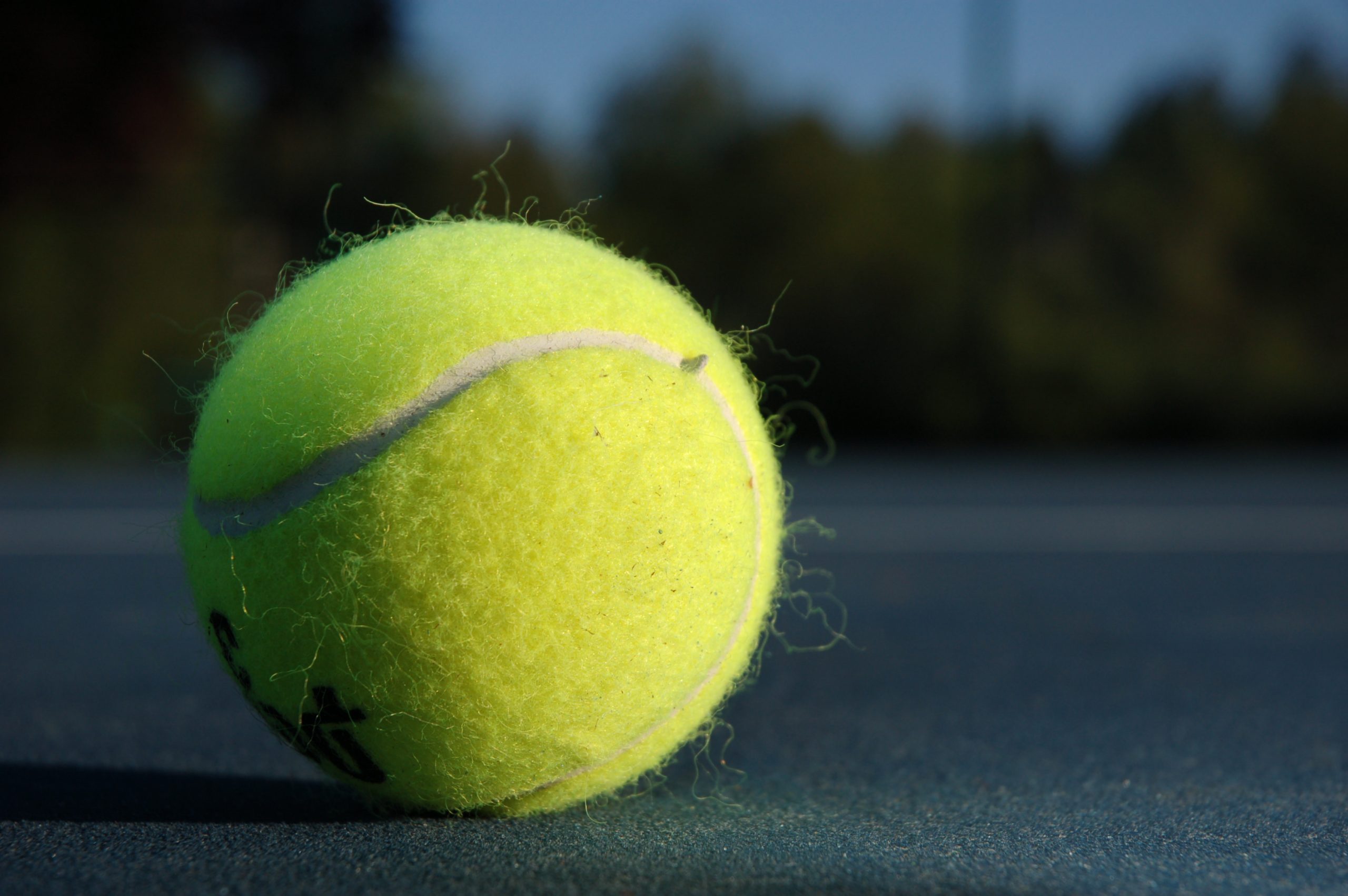 a tennis ball on a tennis court with trees in the background