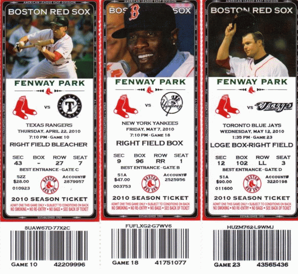 three red sox tickets from 2010