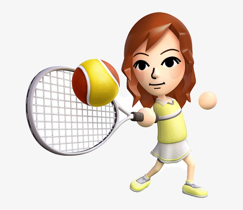 Wii tennis of a red head Wii character hitting a tennis ball